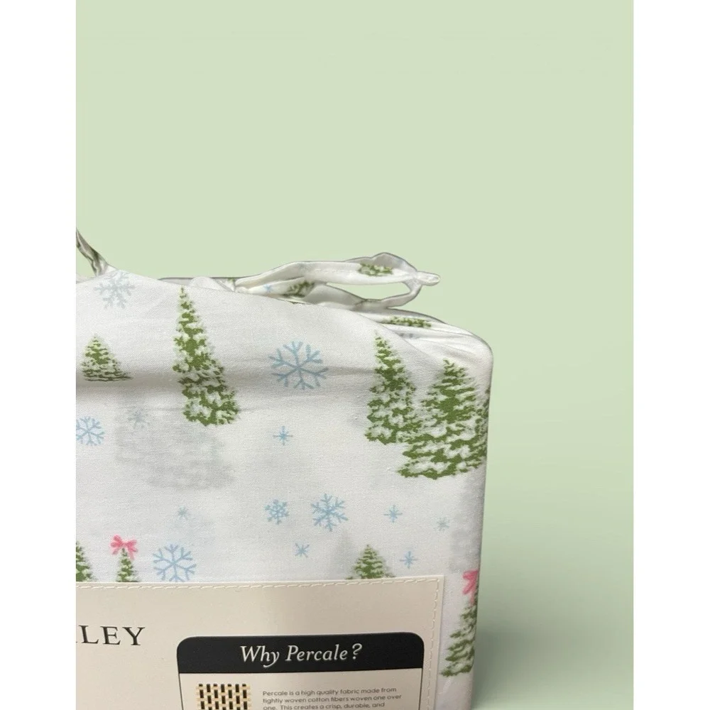 Laura Ashley Queen‎ Percale Sheet Set 100% Cotton Winter Wonderland Green Trees